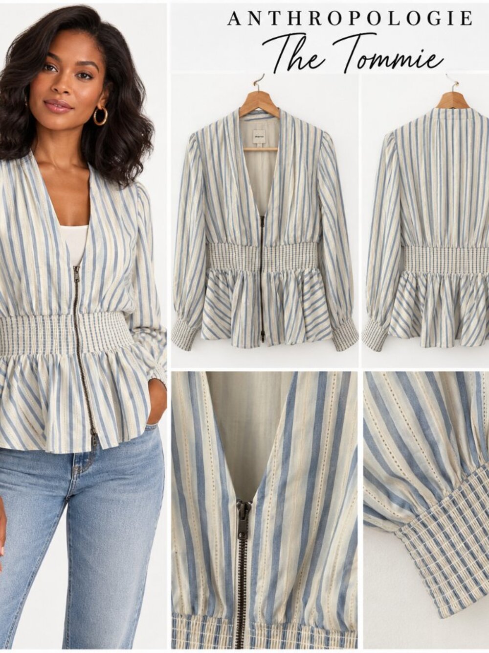 Anthropologie The Tommie Striped Zip Front Peplum Blouse Coastal Cottagecore L